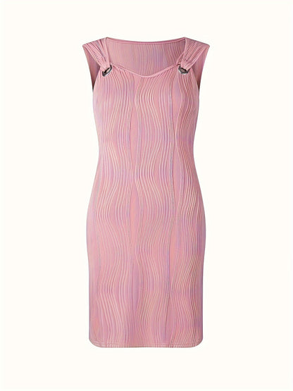 Vestido curto listrado ondulado, decote em V, sem mangas, estilo casual.
