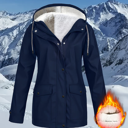 Damen-Windjacke mit Fleecefutter und Kapuze – wasserdichte, lässige Langarmjacke für Herbst/Winter