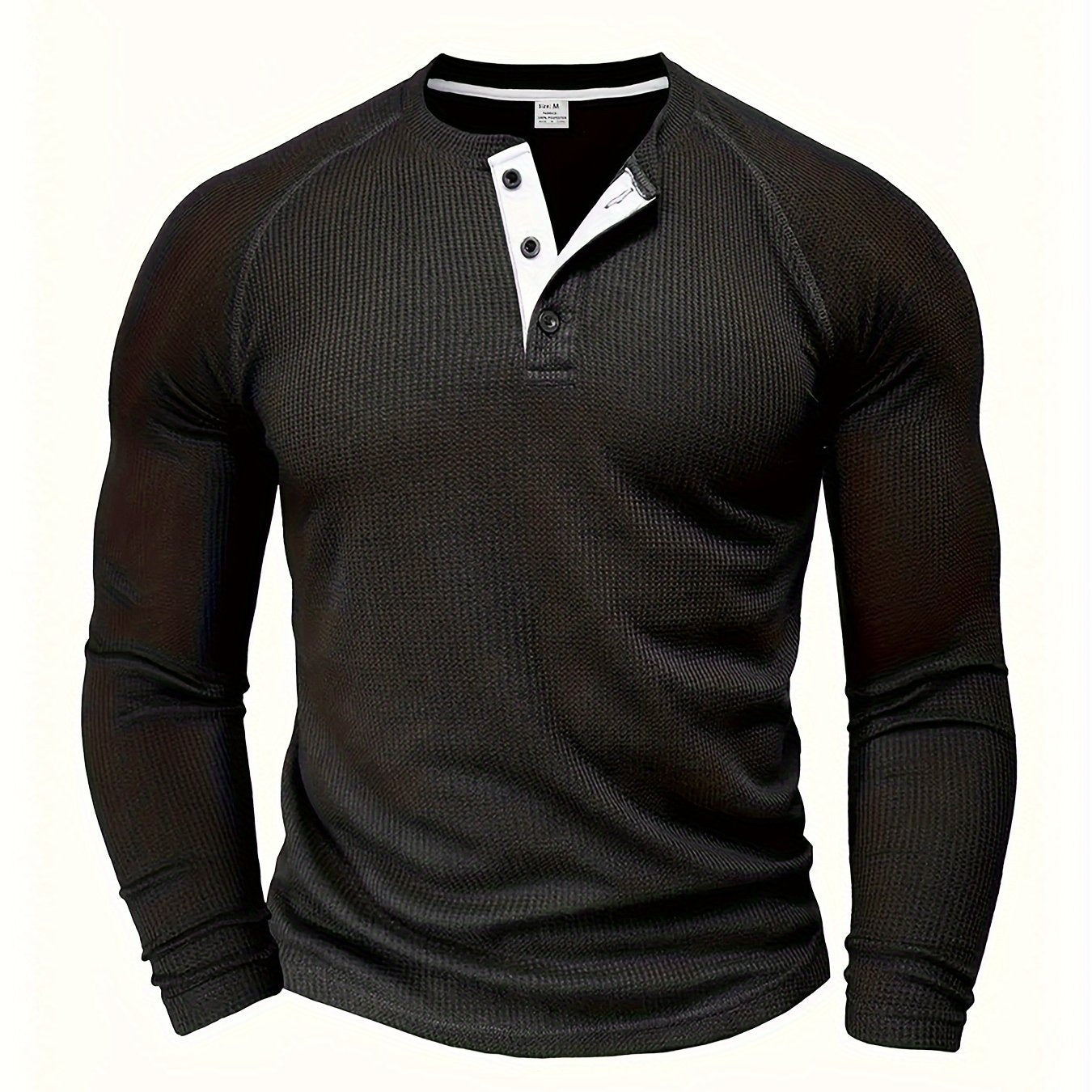 Camisa Henley Masculina Sólida, Manga Longa, Gola Redonda, Meio Botão