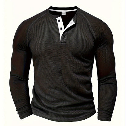Camisa Henley Masculina Sólida, Manga Longa, Gola Redonda, Meio Botão
