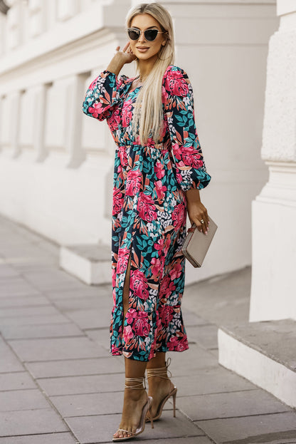 Vestido floral com decote em V elástico cintura alta e fenda