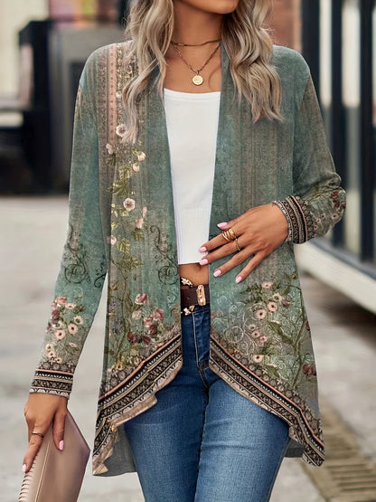 [Chic Floral Print Cardigan] Lightweight Polyester Blend Chic Floral Print Cardigan - Casual Long Sleeve Open Front Jacket, Machine Washable, Perfect for Spring & Fall