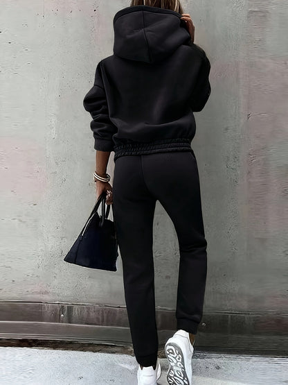 Casual Solid Sweatpants Set, Long Sleeve Hoodie & Drawstring Jogger Pants