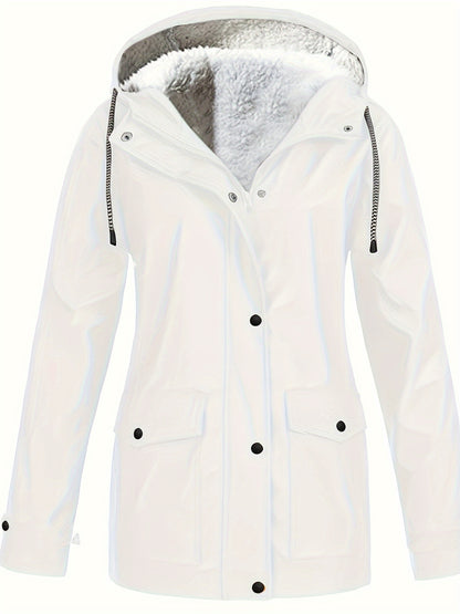 Damen-Windjacke mit Fleecefutter und Kapuze – wasserdichte, lässige Langarmjacke für Herbst/Winter