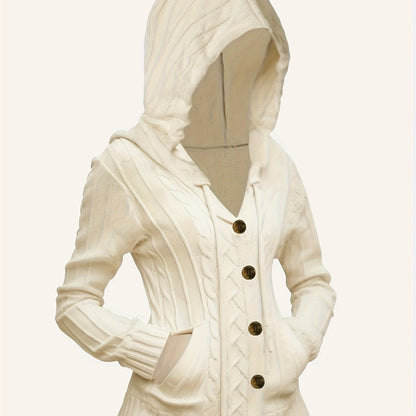 Cardigan de malha com capuz e cordão sólido - Casual com botões e bolsos