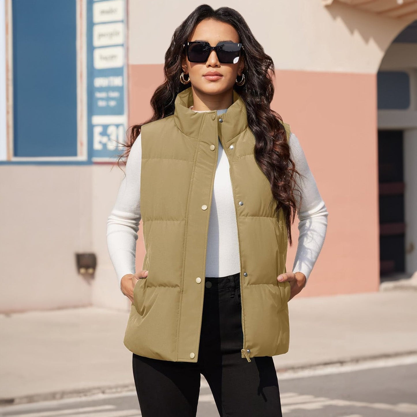 Damen Puffer Daunenweste Übergroße Oberbekleidung mit Reißverschluss Leichte wattierte Winterweste mit Taschen