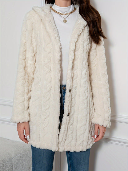 Elegant Knit Fur Coat with Hood & Double Buttons - Spring/Autumn