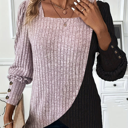 Asymmetrical Square Neck Knit Top, Long Sleeve, Spring/Fall.