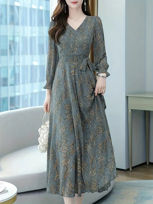 loral Pattern Midi Dress, Vintage V Neck Long Sleeve Dress, Women's Clothing