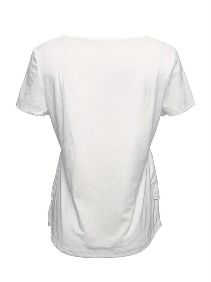 Camiseta de gola redonda de cor sólida, blusa flare com botões na frente e em camadas para primavera/verão.