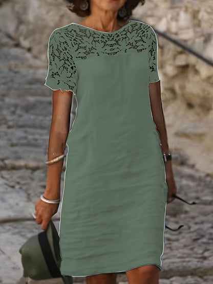 Kleid mit einfarbiger Spitze und Spleißtechnik, elegante Kurzarm, perfekt für Frühling und Herbst.