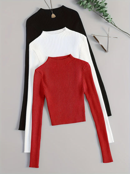 Solid Mock Neck Rib Knit Top 3-Pack - Casual Long Sleeve Slim Sweater