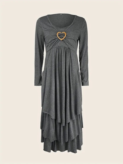 Heart Ring Decor Ruffle Layered Dress – Casual Crew Neck, Long Sleeve
