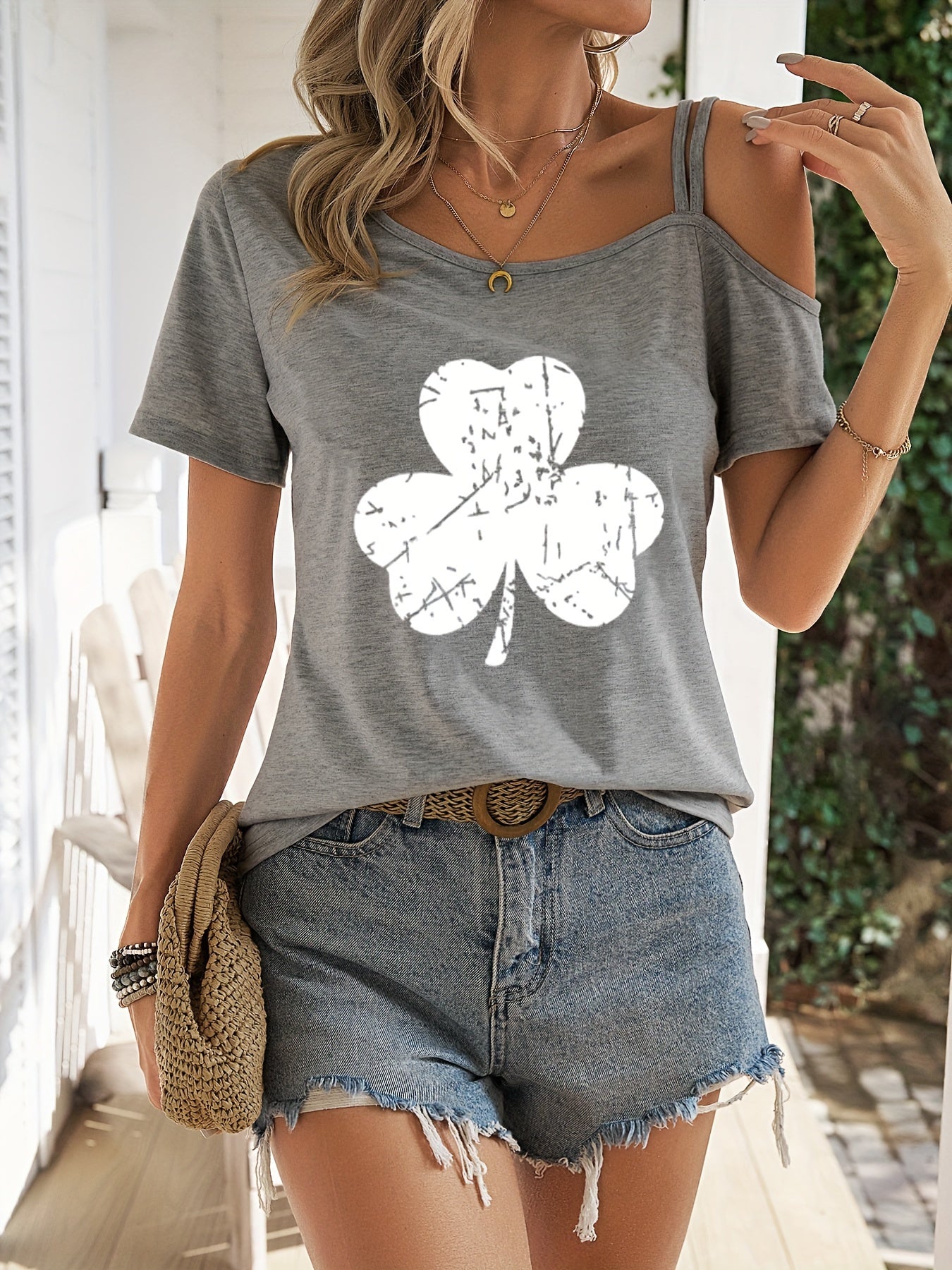 Stylish Heart Print One Shoulder Short Sleeve T-shirt - Elegant Asymmetrical Polyester Top with Micro Elasticity - Perfect for Summer, Womens Regular Length Knit Fabric Clothing