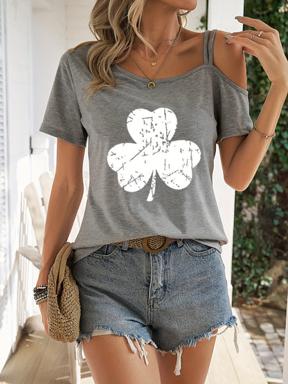Stylish Heart Print One Shoulder Short Sleeve T-shirt - Elegant Asymmetrical Polyester Top with Micro Elasticity - Perfect for Summer, Womens Regular Length Knit Fabric Clothing