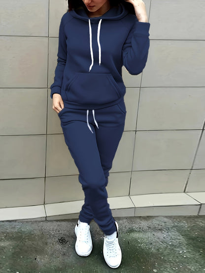 Solid Two-piece Set, Hoodie with Kangaroo Pocket & Drawstring Pants
