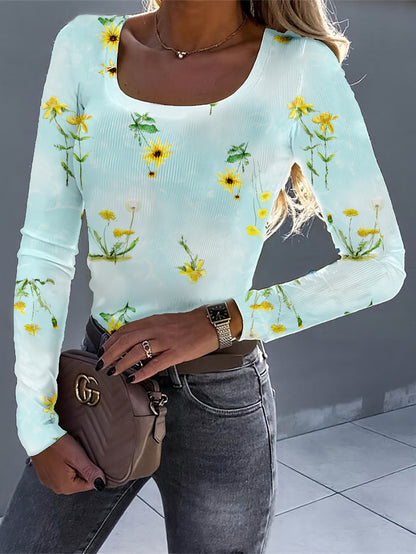 Camiseta casual de poliéster com estampa floral e gola redonda, 200g/㎡, comprimento regular, tecido de malha, para mulheres, primavera/verão
