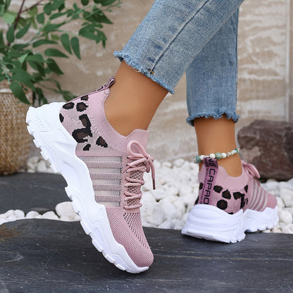 Women's Leopard Print Lace-up Running Shoes, Breathable Platform (Plus Size)