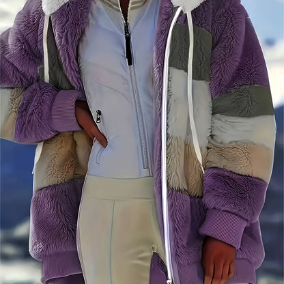 Color Block Fuzzy Hooded Coat, Casual Winter Outerwear.