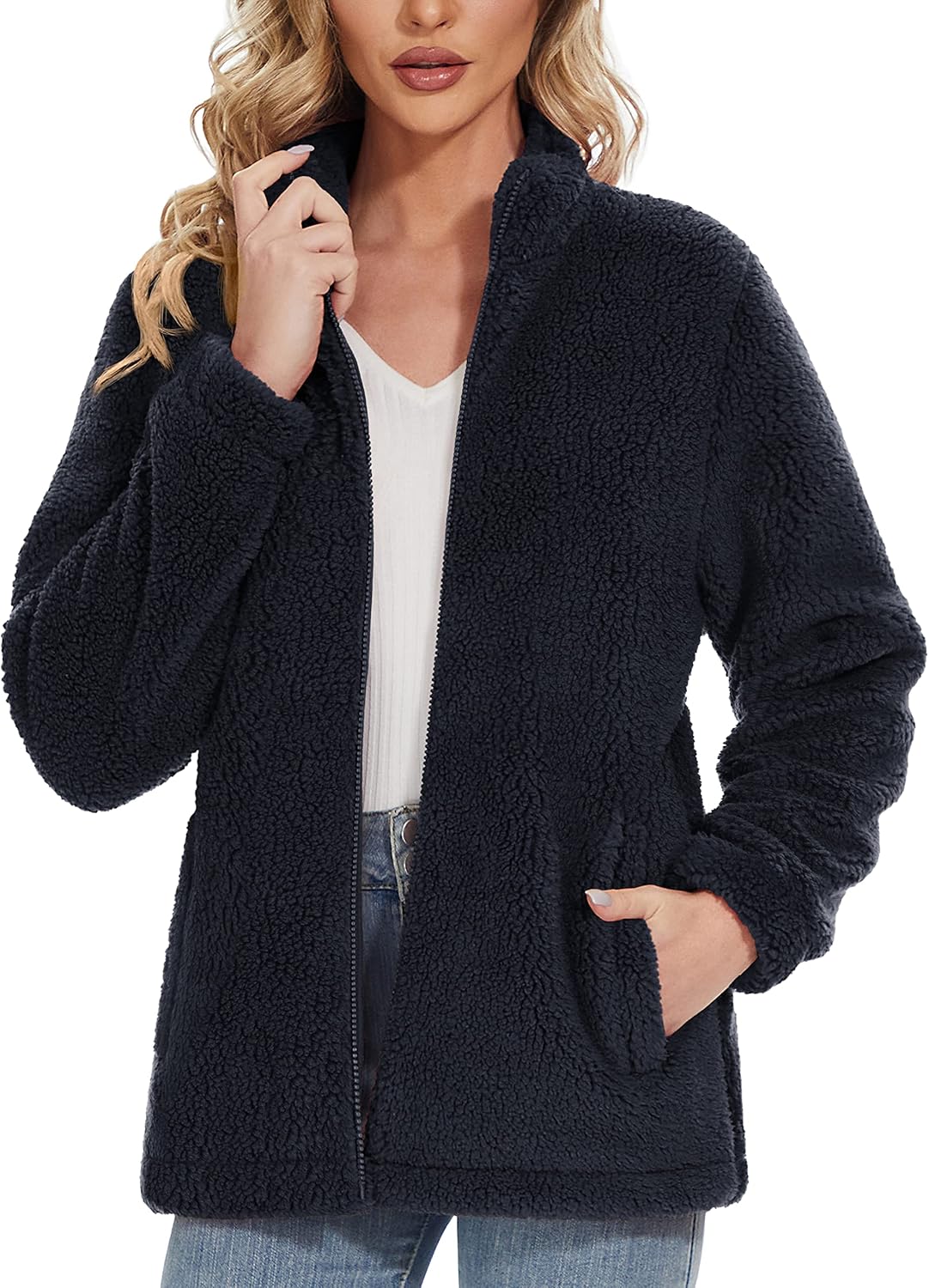 Jaqueta Sherpa Feminina Full Zip Fuzzy Teddy Coat com Bolsos Fleece Forrado Quente Inverno Casual Outfits