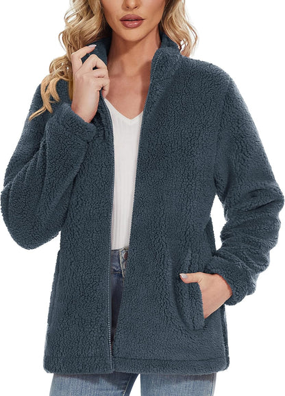 Jaqueta Sherpa Feminina Full Zip Fuzzy Teddy Coat com Bolsos Fleece Forrado Quente Inverno Casual Outfits
