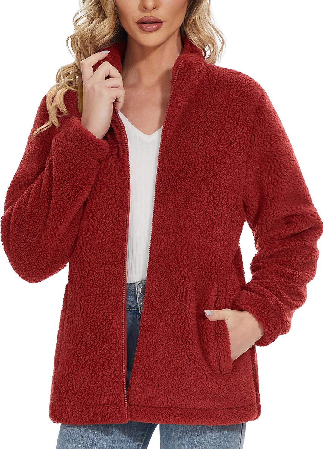 Jaqueta Sherpa Feminina Full Zip Fuzzy Teddy Coat com Bolsos Fleece Forrado Quente Inverno Casual Outfits