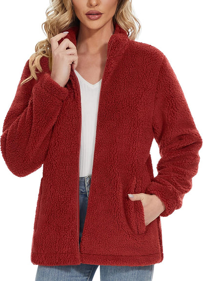 Jaqueta Sherpa Feminina Full Zip Fuzzy Teddy Coat com Bolsos Fleece Forrado Quente Inverno Casual Outfits