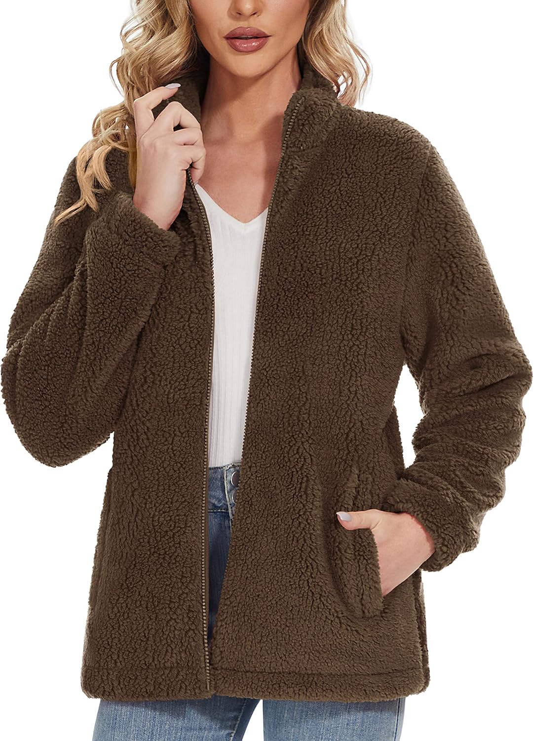 Jaqueta Sherpa Feminina Full Zip Fuzzy Teddy Coat com Bolsos Fleece Forrado Quente Inverno Casual Outfits