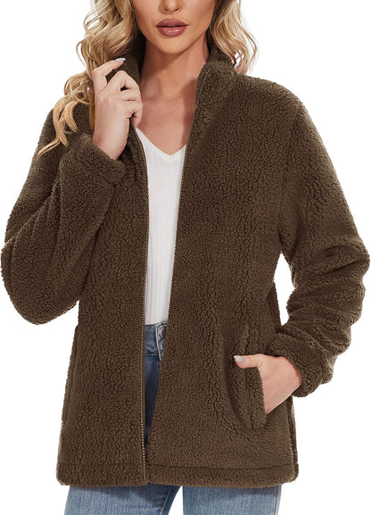 Jaqueta Sherpa Feminina Full Zip Fuzzy Teddy Coat com Bolsos Fleece Forrado Quente Inverno Casual Outfits
