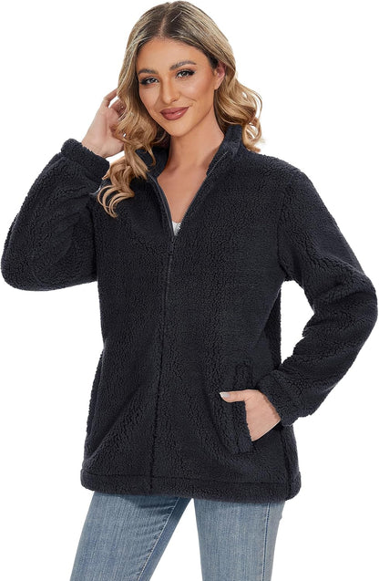 Jaqueta Sherpa Feminina Full Zip Fuzzy Teddy Coat com Bolsos Fleece Forrado Quente Inverno Casual Outfits