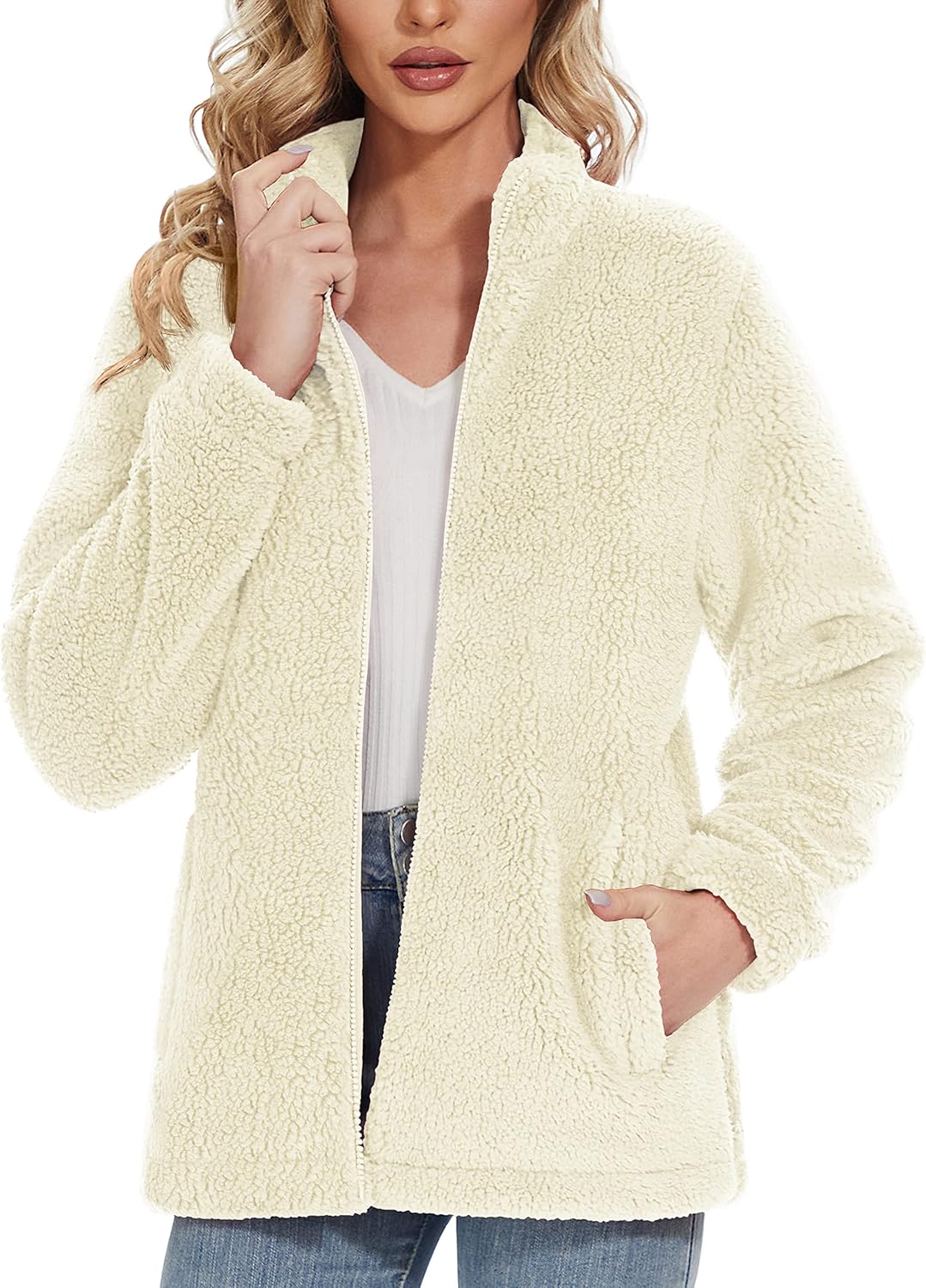 Jaqueta Sherpa Feminina Full Zip Fuzzy Teddy Coat com Bolsos Fleece Forrado Quente Inverno Casual Outfits