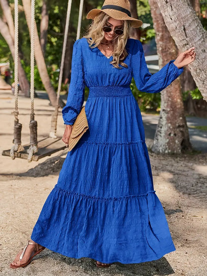 Solid V-Neck Textured Maxi Dress – Vacation Style, Smocked Long Sleeves