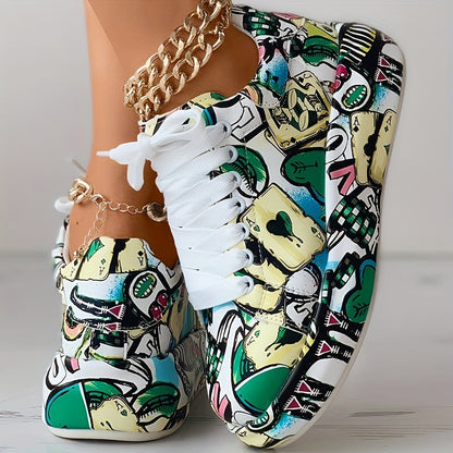 Women's Graffiti Print Platform Sneakers, Lace-Up Low Top Casual Skate Shoes