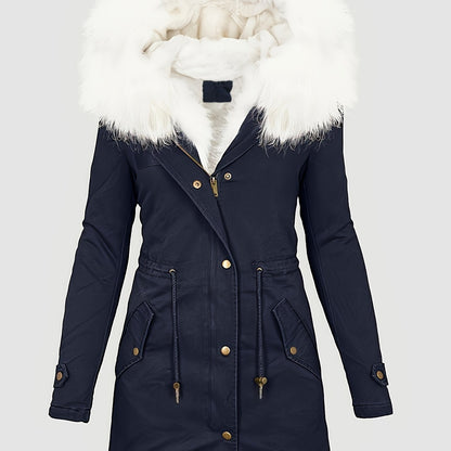 Zip-up Fuzzy Trim Hoodie Coat, Casual Faux Fur Lined, Drawstring Waist