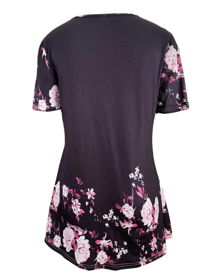 Charming Floral Print T-Shirt with Glamorous Faux Pearl Accents - Comfortable V Neck Short Sleeve Top - Ideal Casual Wear for Spring & Summer - Womens Fashion Essential