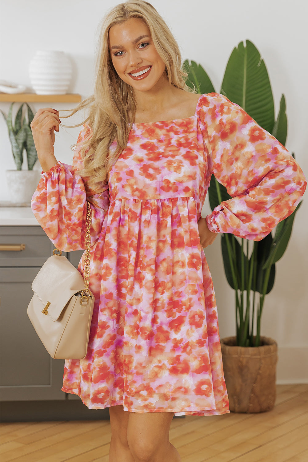 Floral Print Square Neck Mini Dress