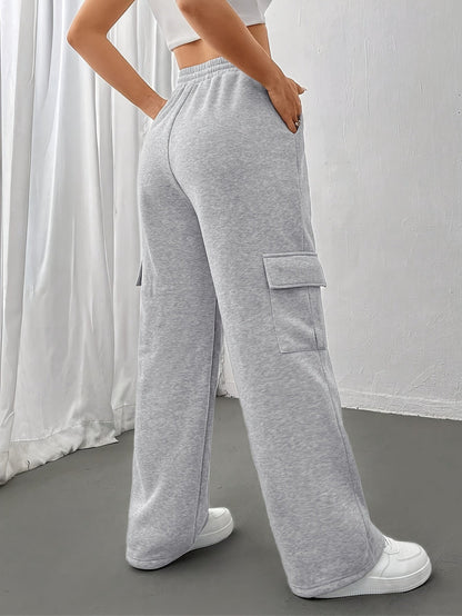 Flap Pocket Straight Leg Sweatpants - Drawstring Elastic Waist for Fall & Winter