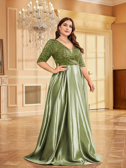 Elegante vestido azul marinho com decote em V e lantejoulas e cintura justa - Vestido de casamento e banquete de manga média e corte A, poliéster, lavável à mão