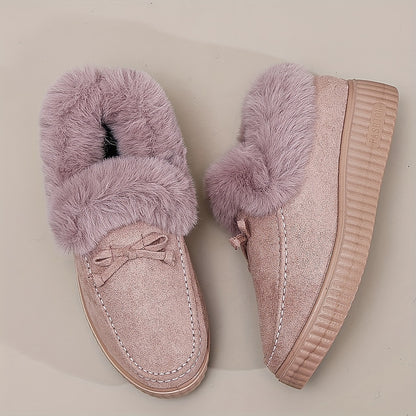 Women's Solid Color Boots, Bowknot Decor Round Toe Non-slip Soft Thick Sole Fluffy Velvet Warm Boots, Winter Comfy Shoes