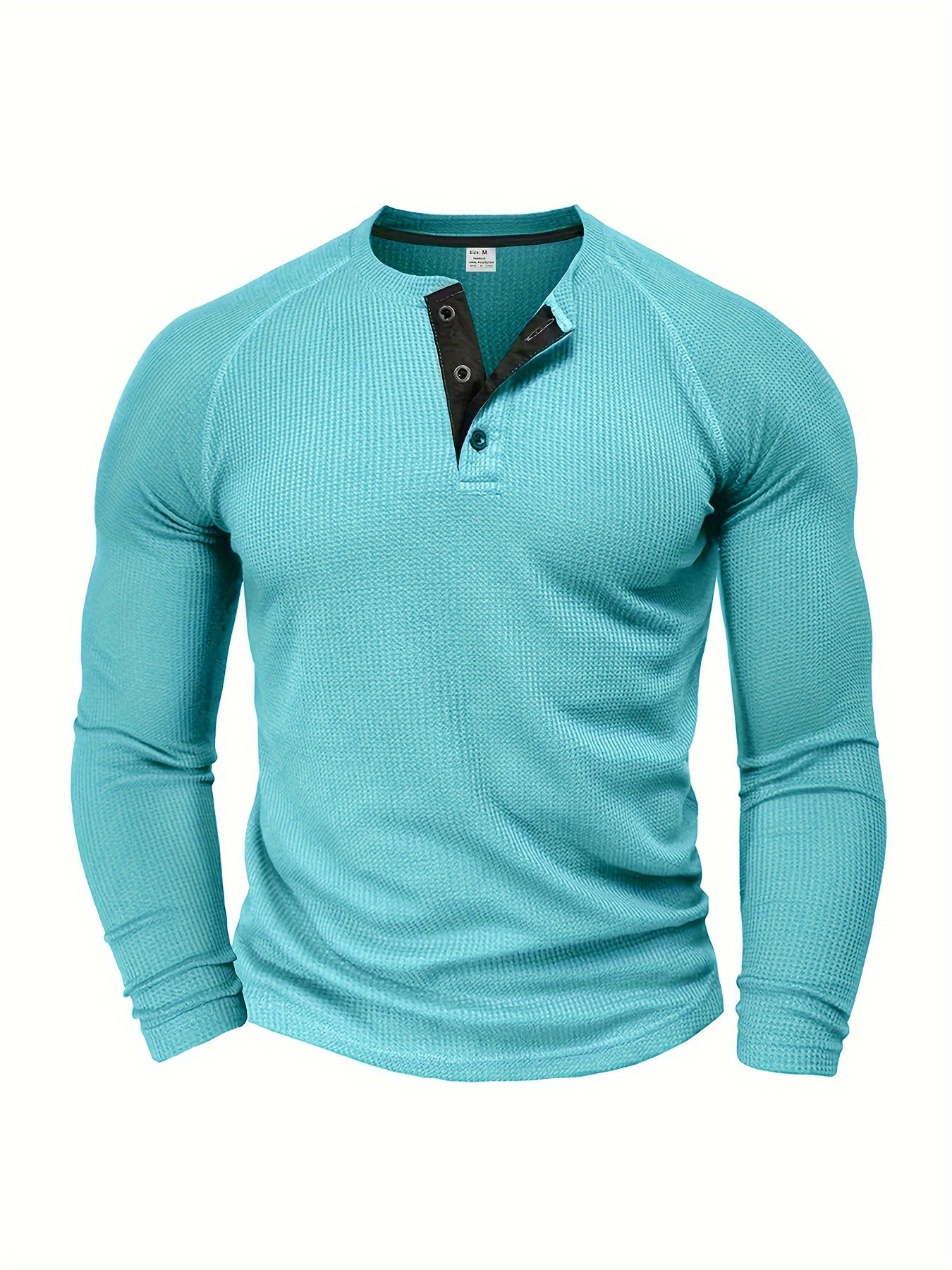 Camisa Henley Masculina Sólida, Manga Longa, Gola Redonda, Meio Botão