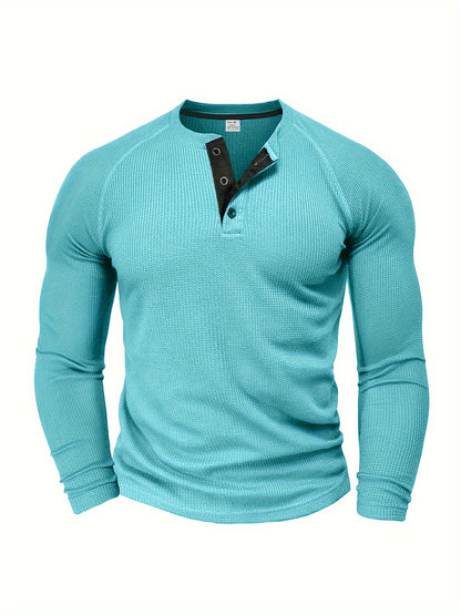 Camisa Henley Masculina Sólida, Manga Longa, Gola Redonda, Meio Botão
