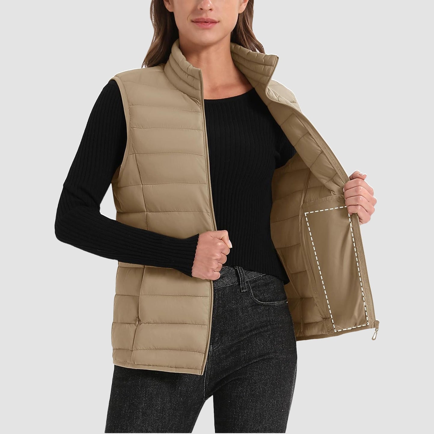 Pufferweste für Damen, leicht, Stehkragen, Reißverschluss, 4 Taschen, bauschige Westen, ärmellos, gesteppt, gepolsterte Oberbekleidung