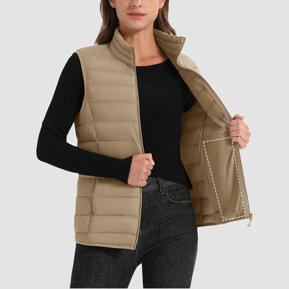 Pufferweste für Damen, leicht, Stehkragen, Reißverschluss, 4 Taschen, bauschige Westen, ärmellos, gesteppt, gepolsterte Oberbekleidung
