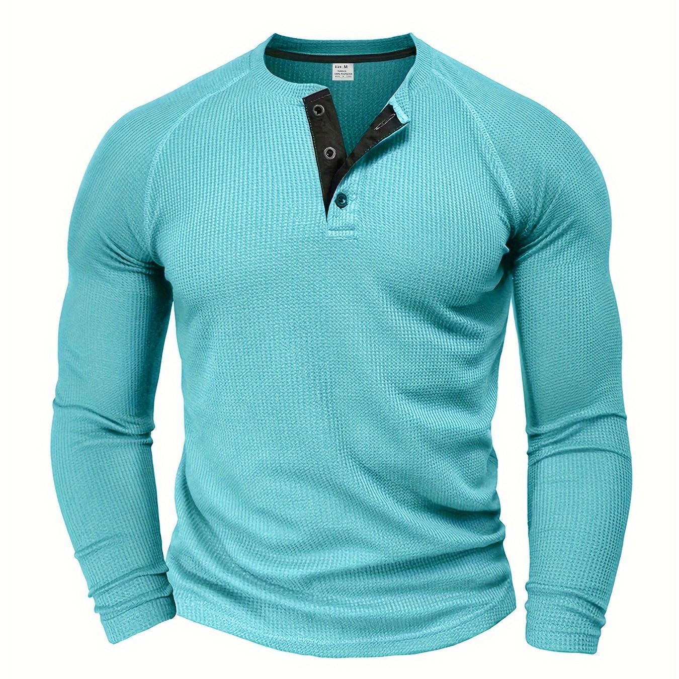 Camisa Henley Masculina Sólida, Manga Longa, Gola Redonda, Meio Botão