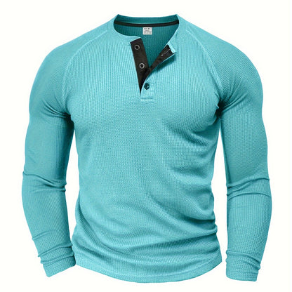 Camisa Henley Masculina Sólida, Manga Longa, Gola Redonda, Meio Botão