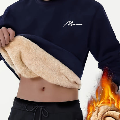 Men's Winter Fleece-Lined Sherpa Sweatshirt, Crew Neck, Casual Knit