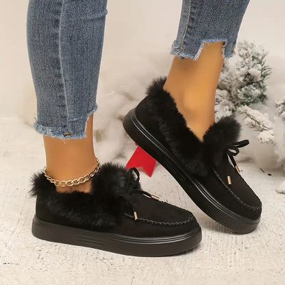 Pelzige Schneestiefel für Damen – Schleife, Plüschfutter, warme flache Stiefeletten
