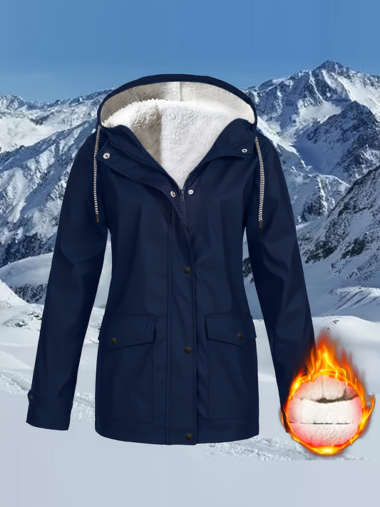 Women's Fleece-Lined Hooded Windbreaker - Waterproof, Casual Long Sleeve Jacket for Fall/Winter