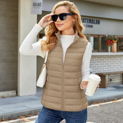 Pufferweste für Damen, leicht, Stehkragen, Reißverschluss, 4 Taschen, bauschige Westen, ärmellos, gesteppt, gepolsterte Oberbekleidung