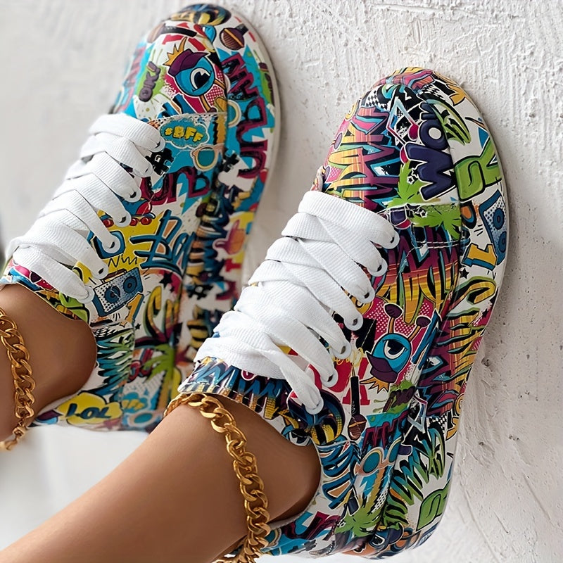 Women's Graffiti Print Platform Sneakers, Lace-Up Low Top Casual Skate Shoes